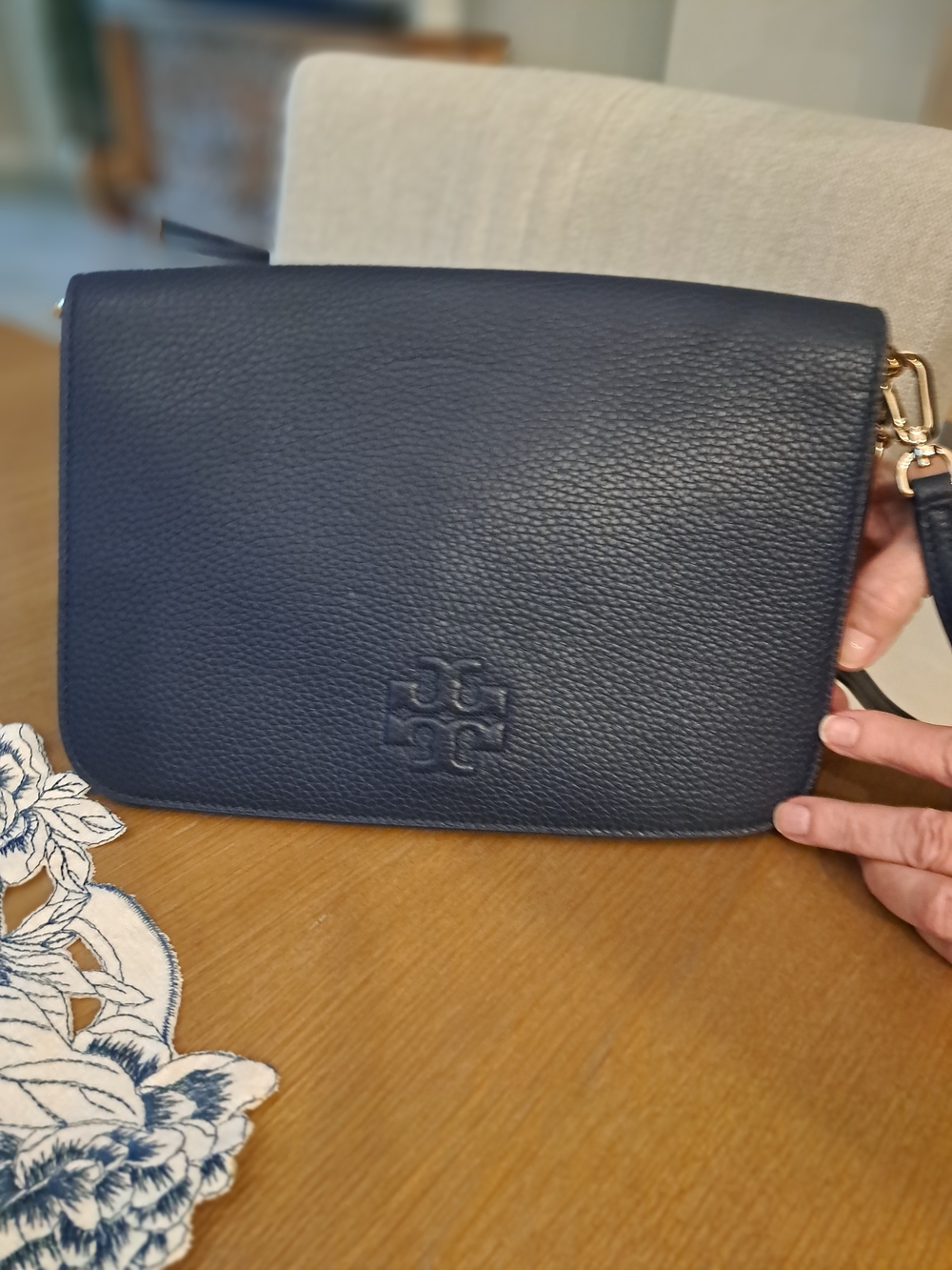 Tory Burch Navy Pebbled Leather Crossbody